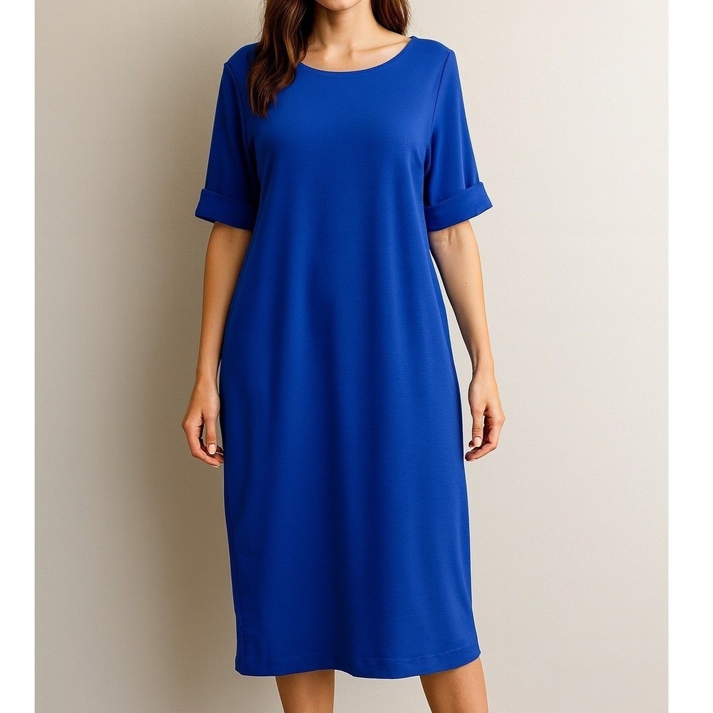 28 Karen Scott Sport Dress, Size‎ S Blue Scoop Neck Tabbed 3/4 Sleeve